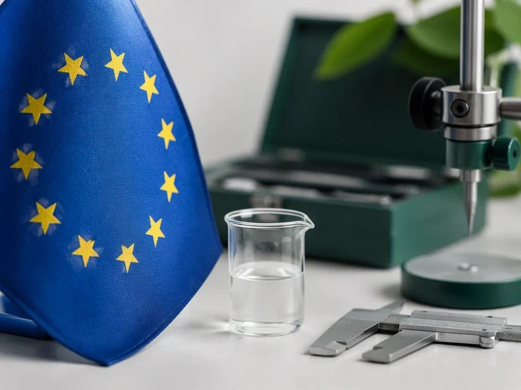 EU-Flagge neben Laborinstrumenten und einem Messbecher – Symbolbild zu EU-Höchstmengen für Vitamine und Mineralstoffe