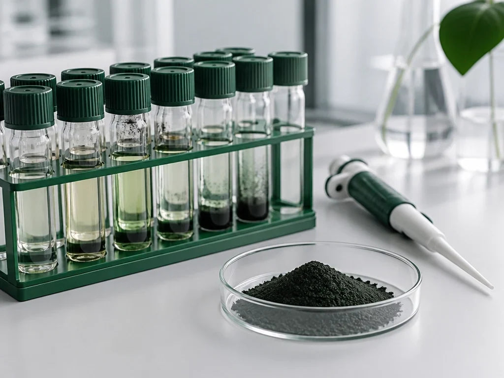 Laborarbeitsplatz mit Probenfläschchen, Pipette und dunklem Pulver – Symbolbild zur Schadstoffanalyse in Nahrungsergänzungsmitteln